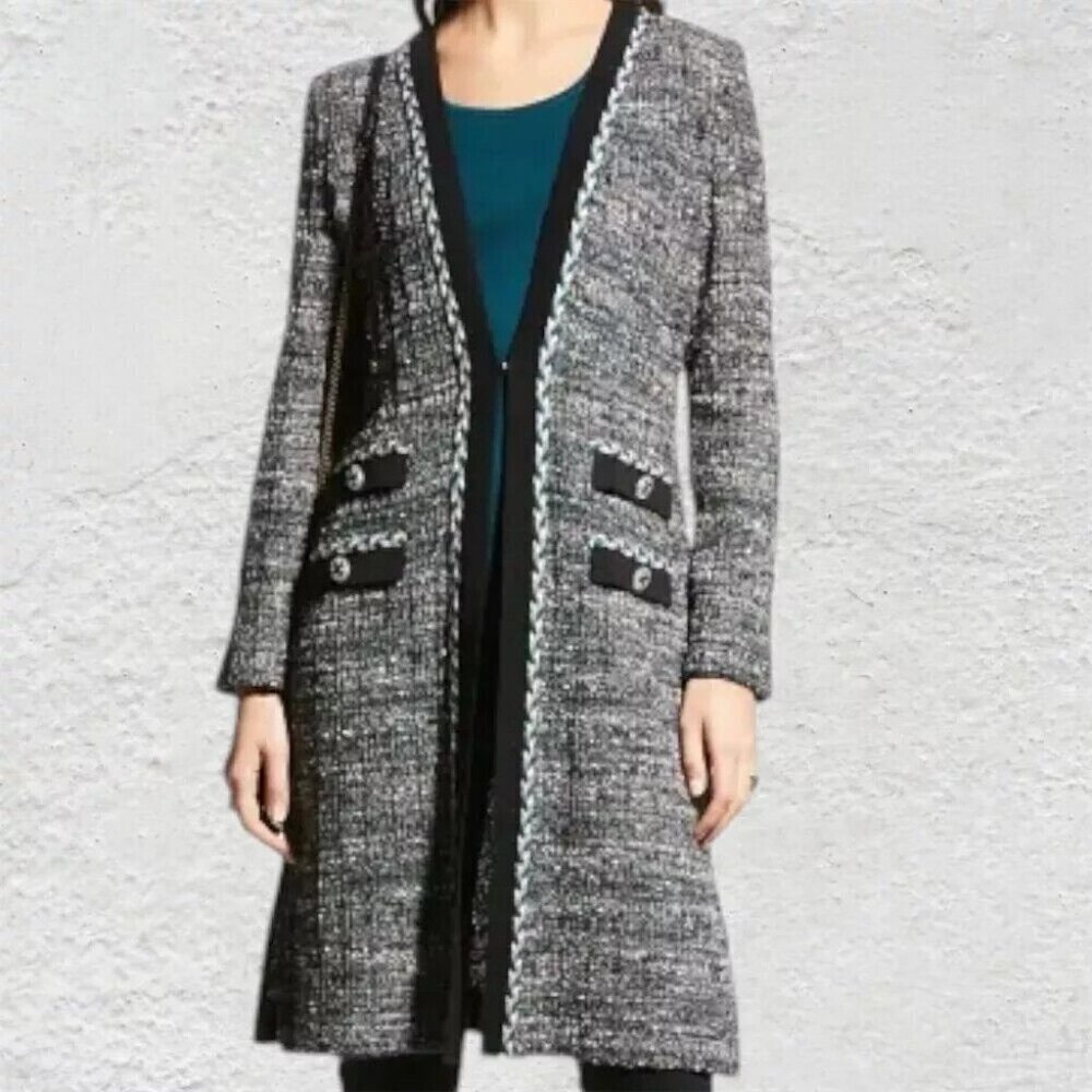Misook Womens Black Teal Eyelash Tweed Knit Duster One Hook Cardigan Size Medium